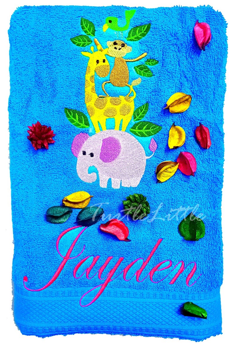 TurtleLittle Cotton Animals Personalised Kids Bath Towel 500 GSM Set of 1 Blue - Image 1