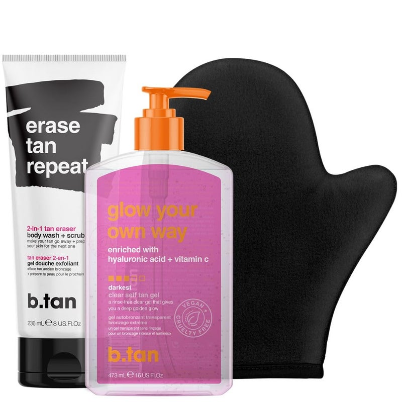 b tan b.tan Best Clear Self Tanning Gel Kit | Glow Your Own Way Bundle - Ultra Dark, Quick Express Tanner for Face & Body with Applicator, No Transfer (Dark with Tan Eraser Scrub with Mitt) - Image 1
