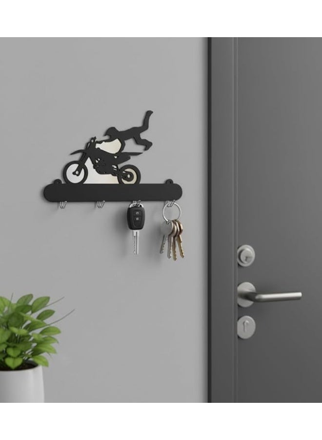 modern Motorcycle Man Decorative Wall Key Hanger with 4 Metal Hooks 25 x 15 cm Easy and Quick Installation with Strong Double Face Adhesive No Nails No Cracking 1 Piece Black - Image 1
