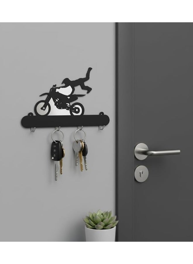 modern Motorcycle Man Decorative Wall Key Hanger with 4 Metal Hooks 25 x 15 cm Easy and Quick Installation with Strong Double Face Adhesive No Nails No Cracking 1 Piece Black - Image 3