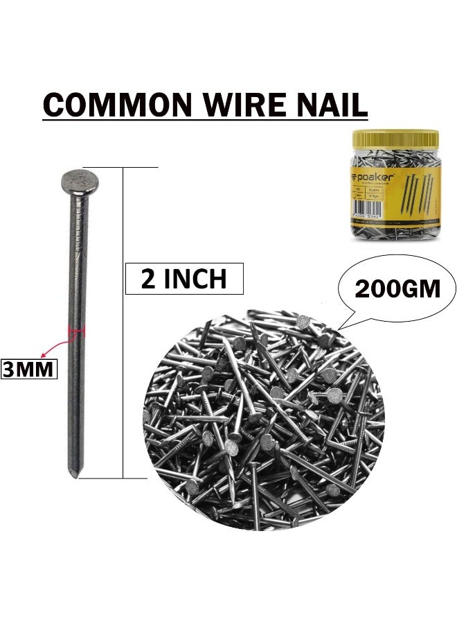 Poaker Common Wire Round Head Nails Essential Hardware For Carpentry, Electrical, Picture Hanging, Wall Mounting, And Woodworking (2 Inch (200 Gram)) - Image 2