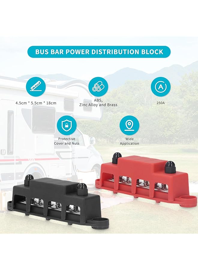 Generic Bus Bar Power Distribution Block, 4 Stud Power Distribution Block Bus Bar With Cover, 250 Amp Rating Battery Busbar Terminal Block For Marine Rv Boat Automotive(Red + Black) - Image 2