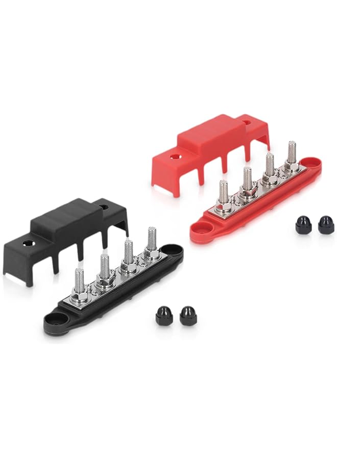 Generic Bus Bar Power Distribution Block, 4 Stud Power Distribution Block Bus Bar With Cover, 250 Amp Rating Battery Busbar Terminal Block For Marine Rv Boat Automotive(Red + Black) - Image 1