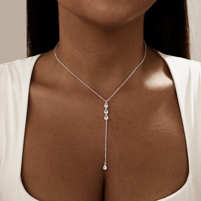 Hergory Lariat Silver Necklace for Women Trendy, Dainty Long Necklace 14k Silver Plated CZ Y Shaped Pendant Drop Chain Fashion Jewelry for Women Gifts - Image 2