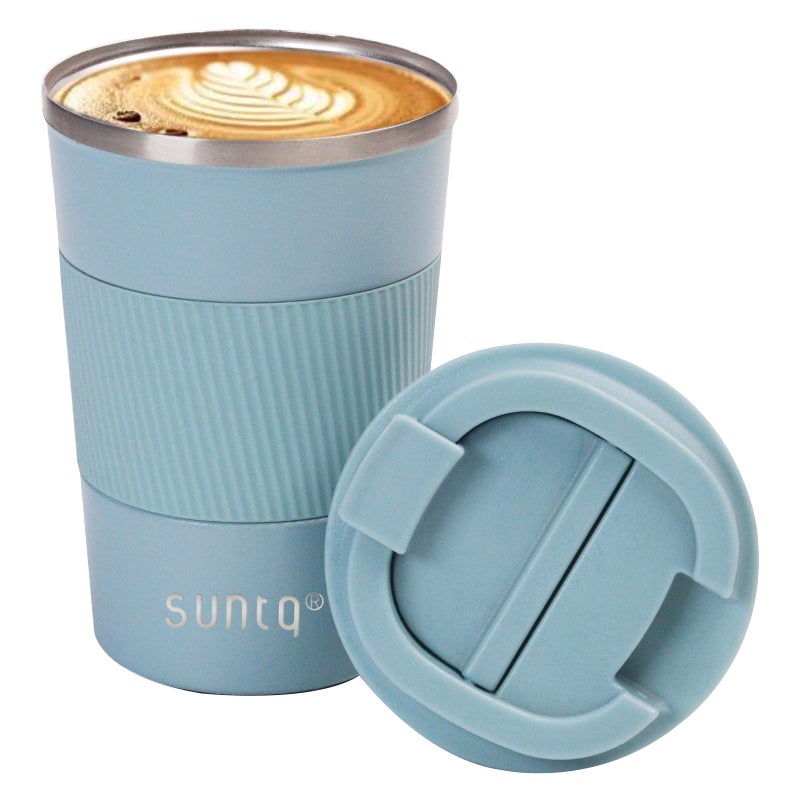 SUNTQ Reusable Coffee Cups Travel  Coffee Travel Mug with Leakproof Lid  Thermal Mug Insulated Cup  Stainless Steel Travel Cup with Rubber Grip  for Hot and Cold Drinks 13oz380ml Light Blue