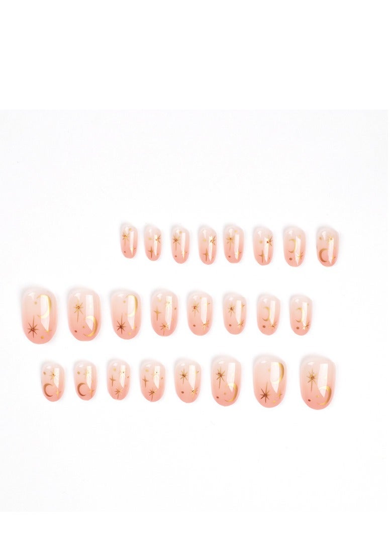 24 Pcs Short Press on Nails, Nude with Stars & Moon Print Fake Nails, Glossy Stick-on Nails with Gel Glue, Nail File, Cleaning Pad, Wooden Stick, Easy to Apply & Long-Lasting - Image 2