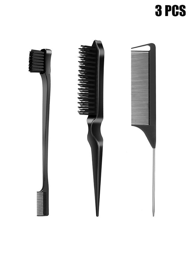 HY 3 Pcs Slick Back Hair Brush Set with Edge Brush, Bristle Brush, Rat Tail Comb, Teasing Brush Set for Smoothing Baby Hair & Flyaways - Black  - Image 1