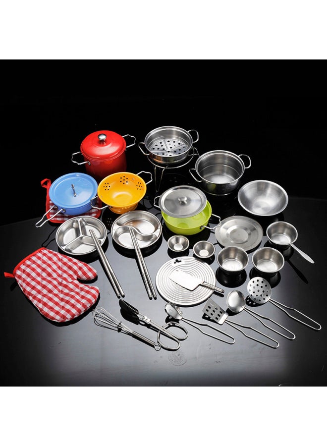 Children's Mini Kitchen Toys Stainless Steel Boys And Girls Play House Cooking Toys Trembles Fast Food Play Set-Color:Color 33 Piece Set - Image 1