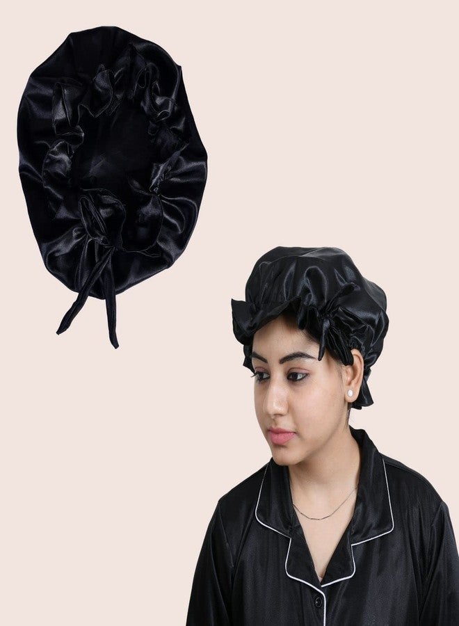 NNR Satin Silk Premium Hair Bonnet Double Layered Sleeping Cap for Women and Girls - Pack of 1, Black - Image 4