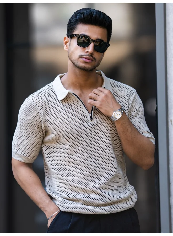 مانياك تيشيرت بولو رجالي قطن بأكمام نصفية وسحاب نصفي بلون بيج محكم