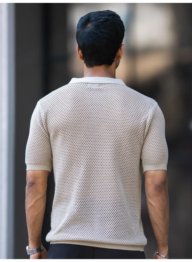 Maniac  Maniac Mens resort textured beige half zipper polo neck half sleeve cotton tshirt for Men | Best Price UAE