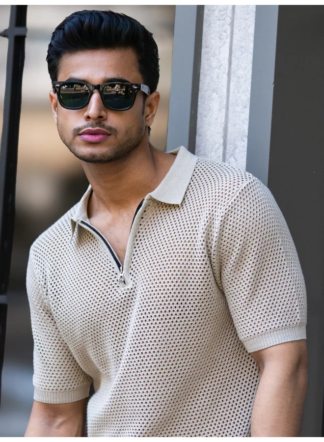 مانياك تيشيرت بولو رجالي قطن بأكمام نصفية وسحاب نصفي بلون بيج محكم