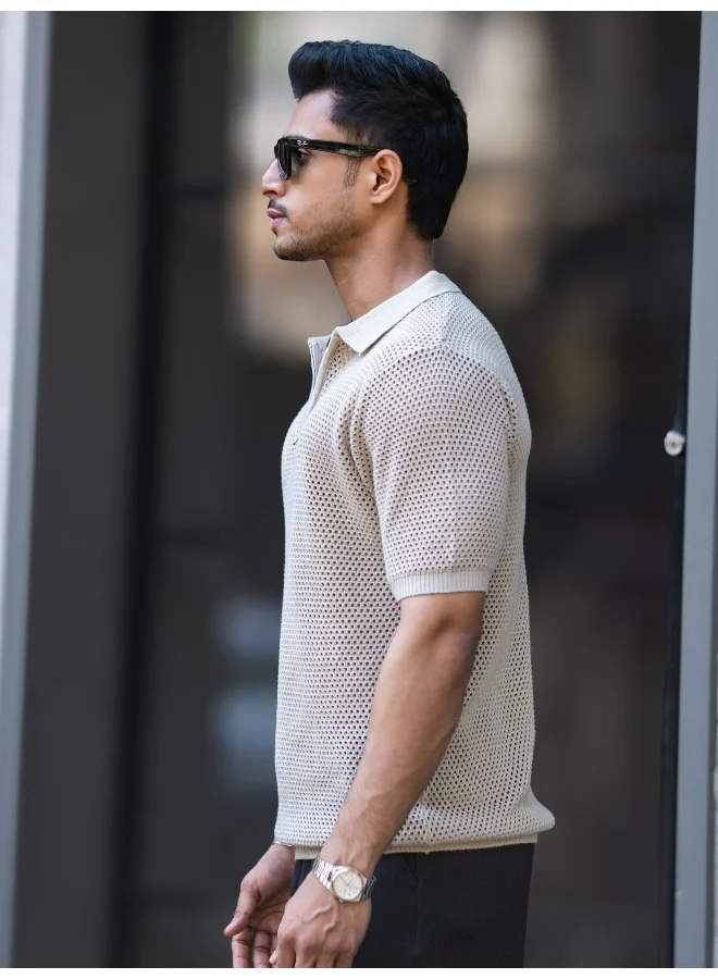 Maniac  Maniac Mens resort textured beige half zipper polo neck half sleeve cotton tshirt for Men | Best Price UAE