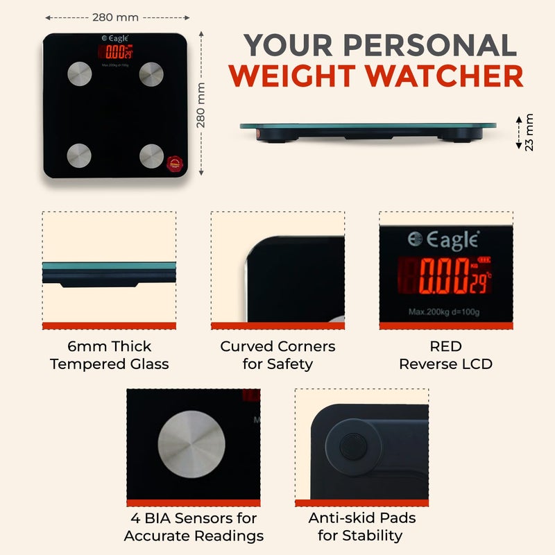 Eagle Weighing Scale For Body Weight with 200 kg Capacity & 100g Accuracy, Smart Weighing Machine with IOS And Android Compatibility | Weighing Scale for Home, Gym, 2 Year Warranty, Black - EBS-7005E - Image 2