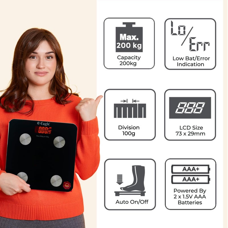 Eagle Weighing Scale For Body Weight with 200 kg Capacity & 100g Accuracy, Smart Weighing Machine with IOS And Android Compatibility | Weighing Scale for Home, Gym, 2 Year Warranty, Black - EBS-7005E - Image 3