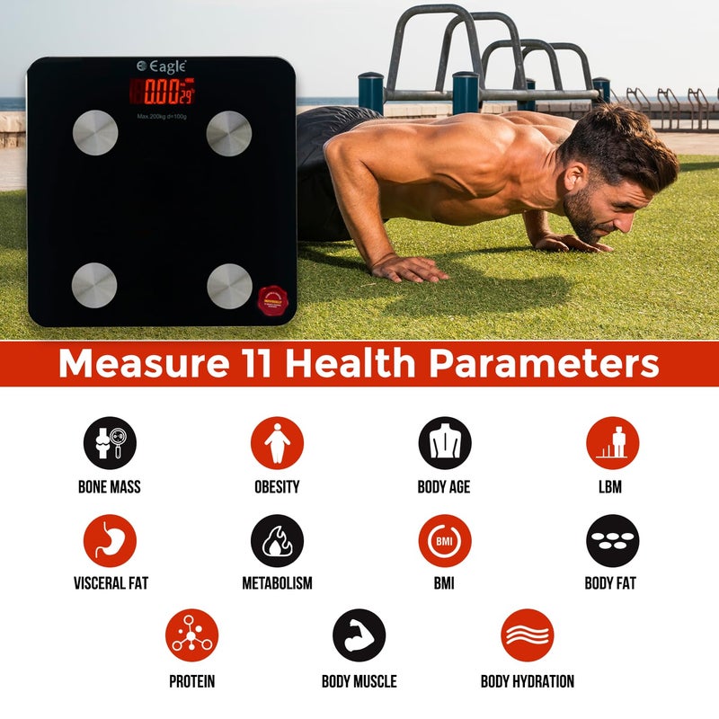 Eagle Weighing Scale For Body Weight with 200 kg Capacity & 100g Accuracy, Smart Weighing Machine with IOS And Android Compatibility | Weighing Scale for Home, Gym, 2 Year Warranty, Black - EBS-7005E - Image 4