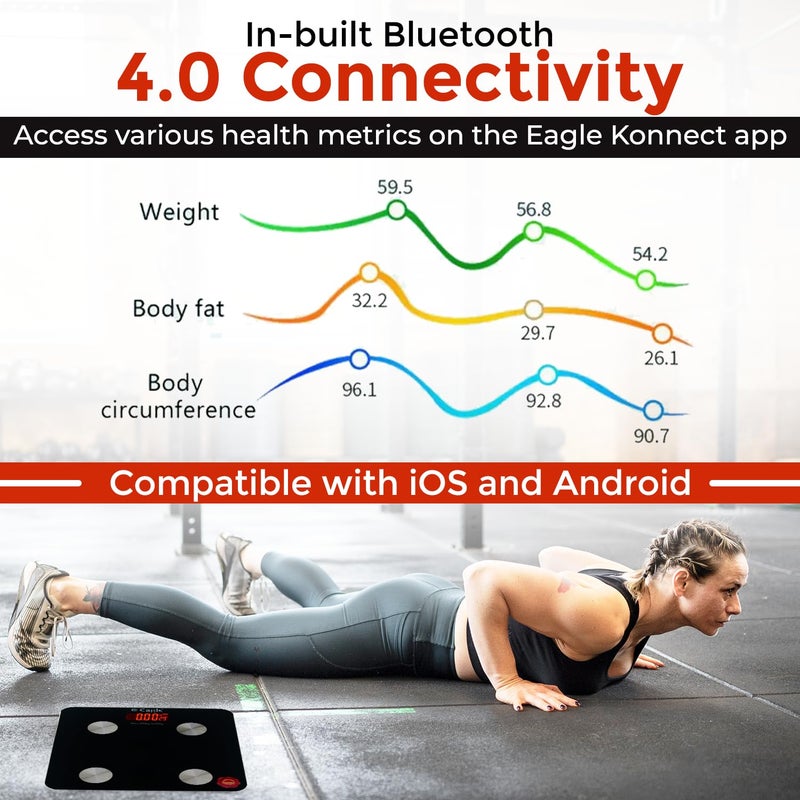 Eagle Weighing Scale For Body Weight with 200 kg Capacity & 100g Accuracy, Smart Weighing Machine with IOS And Android Compatibility | Weighing Scale for Home, Gym, 2 Year Warranty, Black - EBS-7005E - Image 5