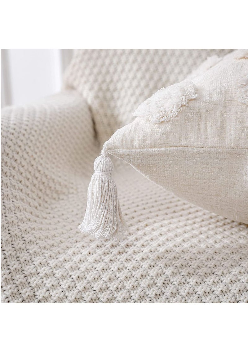 Y&D - 1 PCS Pillow Covers of White Tufted Throw, with Tassel 12x20 inch, Soft Cream Chenille Decorative Lumbar Cushion Case Pillowcase for Couch Sofa Bedroom Living Room Farmhouse - Image 1