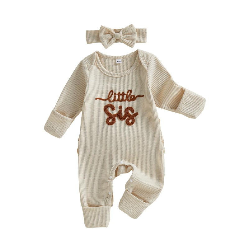 allshope Infant Baby Girl Fall Outfit Sweatshirt Romper Little Sister Lil Sis Long Sleeve Jumpsuit Newborn Clothes (Waffle Little Sis Apricot, 0-3 Months) - Image 1