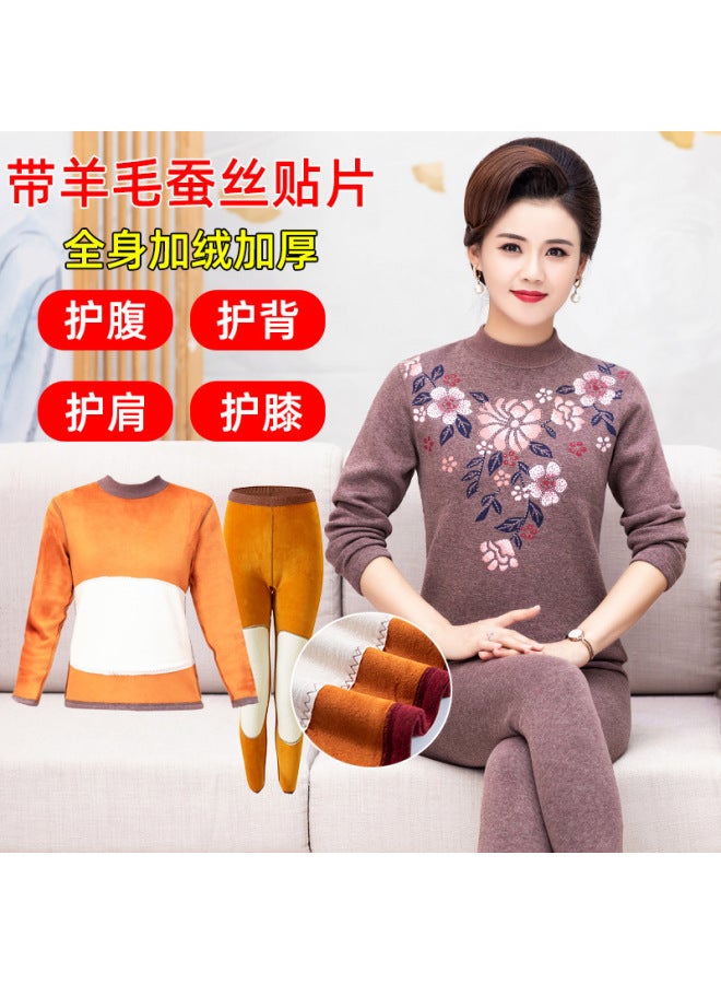 Middle-aged And Elderly Warm Suit Mom And Dad Winter Fleece-lined Thick Thermal Underwear Elderly Winter Bottoming Clothes Warm