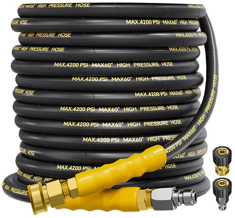 TechSweepPro 4200PSI Pressure Washer Hose 50FT with 3/8" Swivel Quick Connect for Cold/Hot Water, Kink Resistant Steel Wire Braided,1/4" Wear Resistant Power Washer Hose with 2 M22 14mm Adapter Set - Image 1