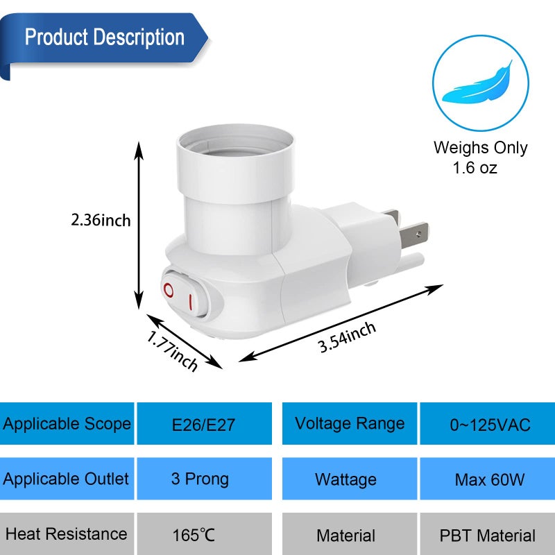 MIKWOAB 2 Pack Outlet to Socket Adapter, 360Â° Rotatable Plug in Light Bulb Socket with On/Off Switch, 3-Prong Outlet to E26 E27 Screw Base Bulb Socket (ETL Listed, White) - Image 4