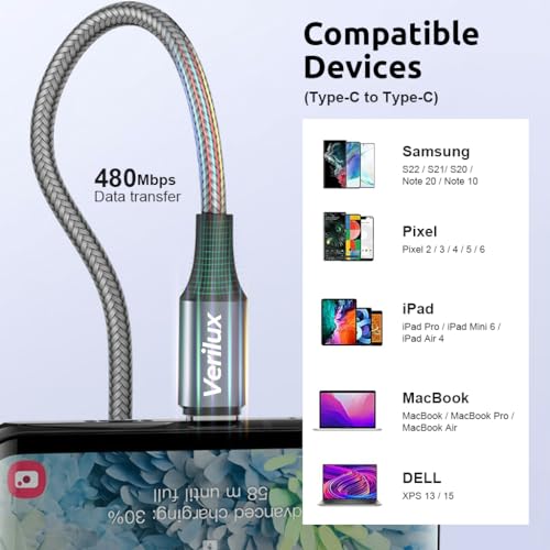 Verilux® 8M/26.2Ft Type C to Type C Cable, PD 60W Fast Charging USB C Cable, 480Mbps Data Transfer Cable Nylon Braided C to C Type for iPhone 17/16/15, Galaxy S25/S24/S23, MacBook, iPad - Image 4