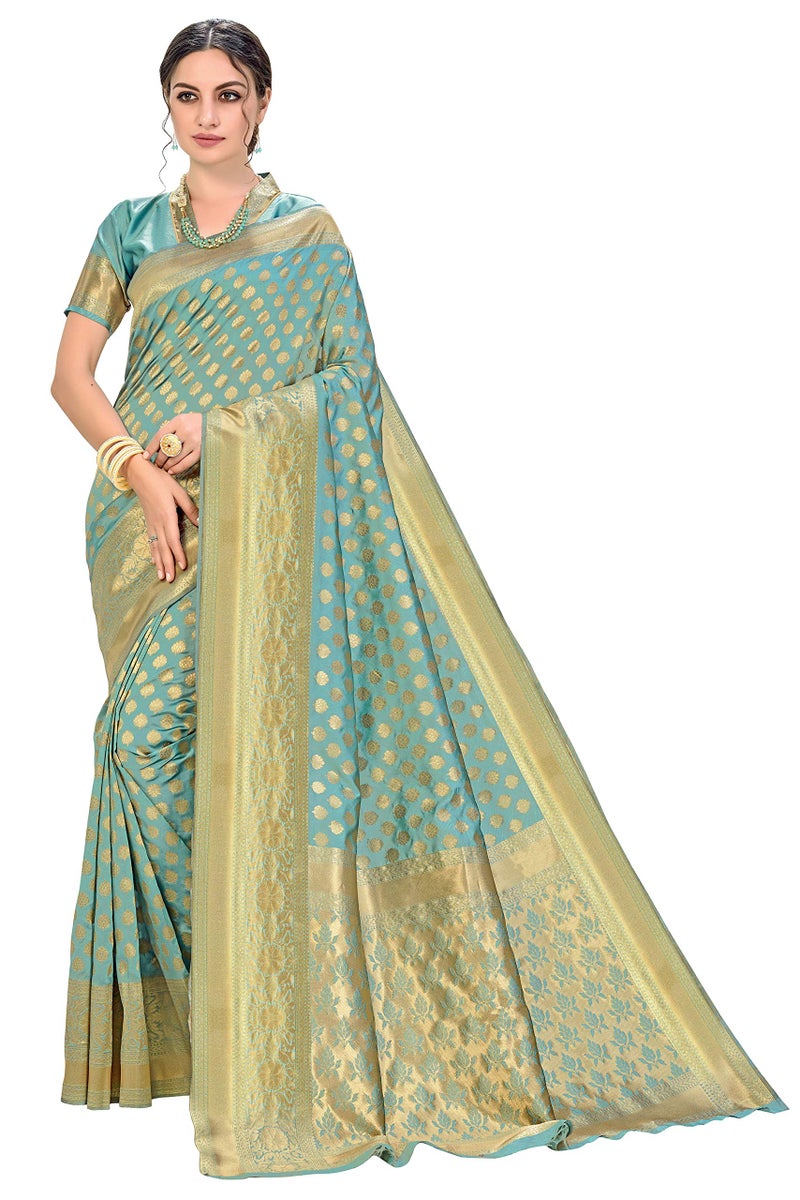 Glory Sarees Women's Woven Pure Soft Kanjivaram Silk Saree Banarasi Style With Blouse Piece for Wedding (kara115pastelgreen_Pastel Green) - Image 1