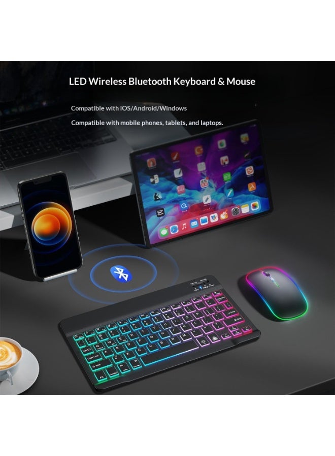 كومبو لوحة مفاتيح و ماوس لاسلكي بلوتوث مع إضاءة خلفية RGB و نقش ليزر عربي - لوحة مفاتيح شاحنة نحيفة بإضاءة خلفية متعددة الألوان، متوافقة مع أجهزة iOS و أندرويد و ويندوز - Image 2