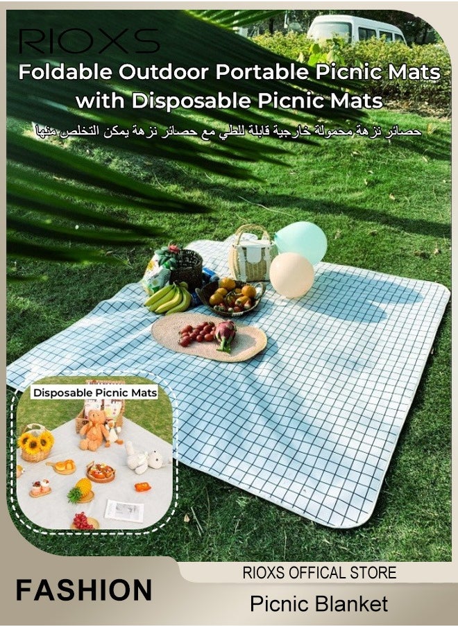 RIOXS - Picnic Blanket,Outdoor Foldable Blankets,Waterproof Beach Picnic Blanket,Portable Picnic Mat With Disposable Picnic Mats,For Camping Family Park Garden-White 200X200cm; 3-4 Person - Image 1