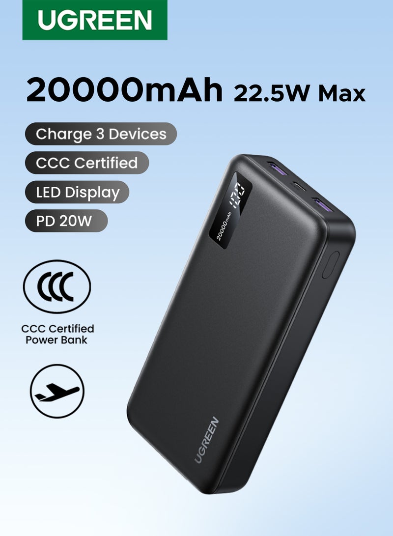 Ugreen 20000mAh 2A1C CCC Power Bank with 20W Fast Charging, USB-C 20W PD Bi-Directional Portable Fast Charger, Dual USB-A Outputs Portable Battery Pack, Triple Device Charging for iPhone 16/15/14/13/12 Series, Samsung Galaxy, Xiaomi, iPad, Tablets & USB Devices, Pass-Through Charging, Multi-Protection Safety System 20000mah 22.5W 3C - Image 1