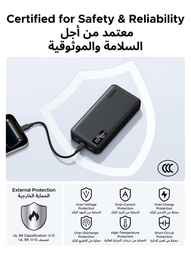 Ugreen 20000mAh 2A1C CCC Power Bank with 20W Fast Charging, USB-C 20W PD Bi-Directional Portable Fast Charger, Dual USB-A Outputs Portable Battery Pack, Triple Device Charging for iPhone 16/15/14/13/12 Series, Samsung Galaxy, Xiaomi, iPad, Tablets & USB Devices, Pass-Through Charging, Multi-Protection Safety System 20000mah 22.5W 3C - Image 3