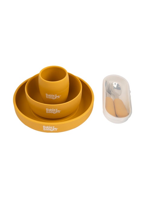 5 Pc Set With Silicone Plate, Bowl, Cup And Stainless Steel Cutlery With Case - Yellow