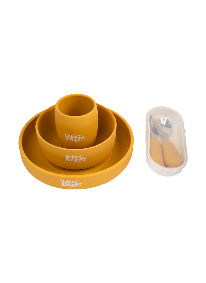 Babies Basic 5 Pc Set With Silicone Plate, Bowl, Cup And Stainless Steel Cutlery With Case - Yellow  - Image 1