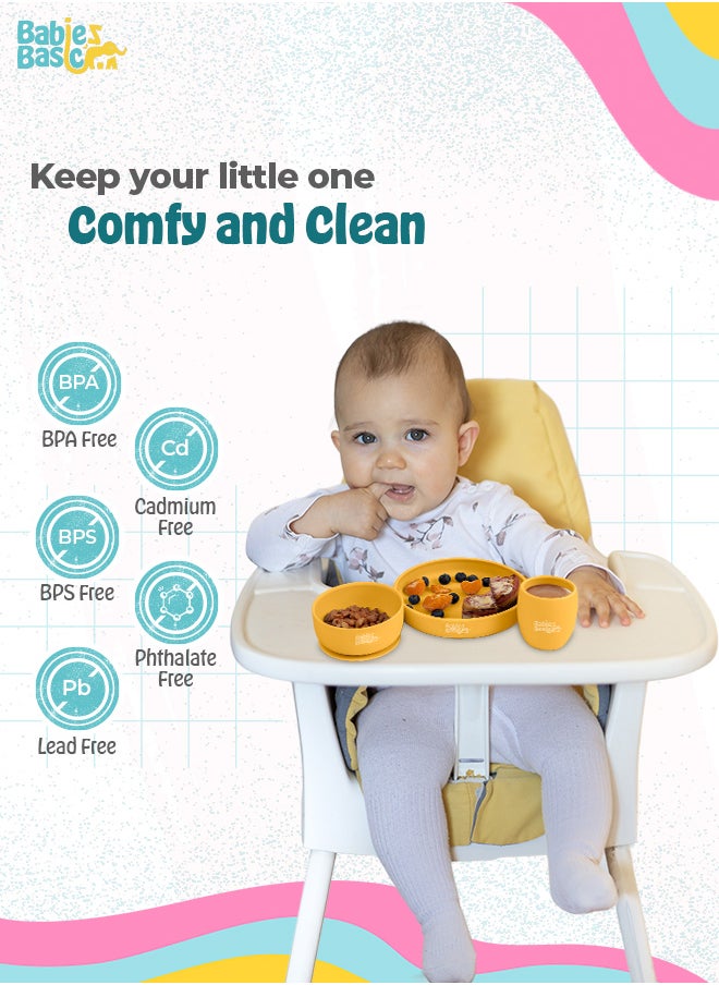 Babies Basic 5 Pc Set With Silicone Plate, Bowl, Cup And Stainless Steel Cutlery With Case - Yellow  - Image 3