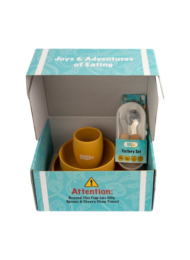 5 Pc Set With Silicone Plate, Bowl, Cup And Stainless Steel Cutlery With Case - Yellow