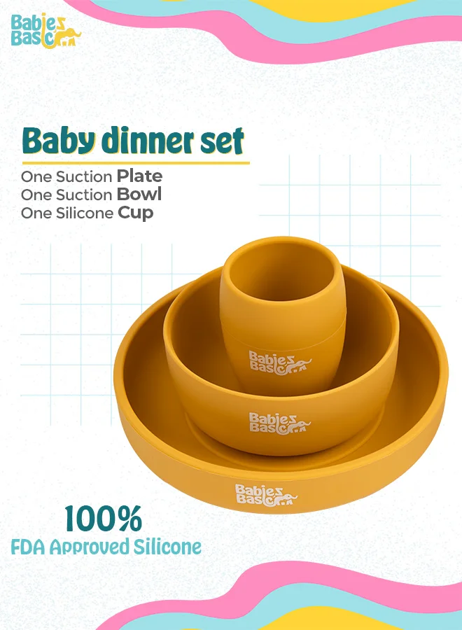 Babies Basic 5 Pc Set With Silicone Plate, Bowl, Cup And Stainless Steel Cutlery With Case - Yellow