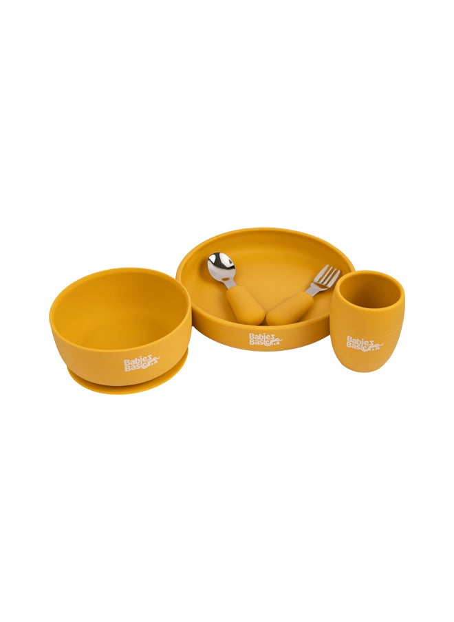 5 Pc Set With Silicone Plate, Bowl, Cup And Stainless Steel Cutlery With Case - Yellow