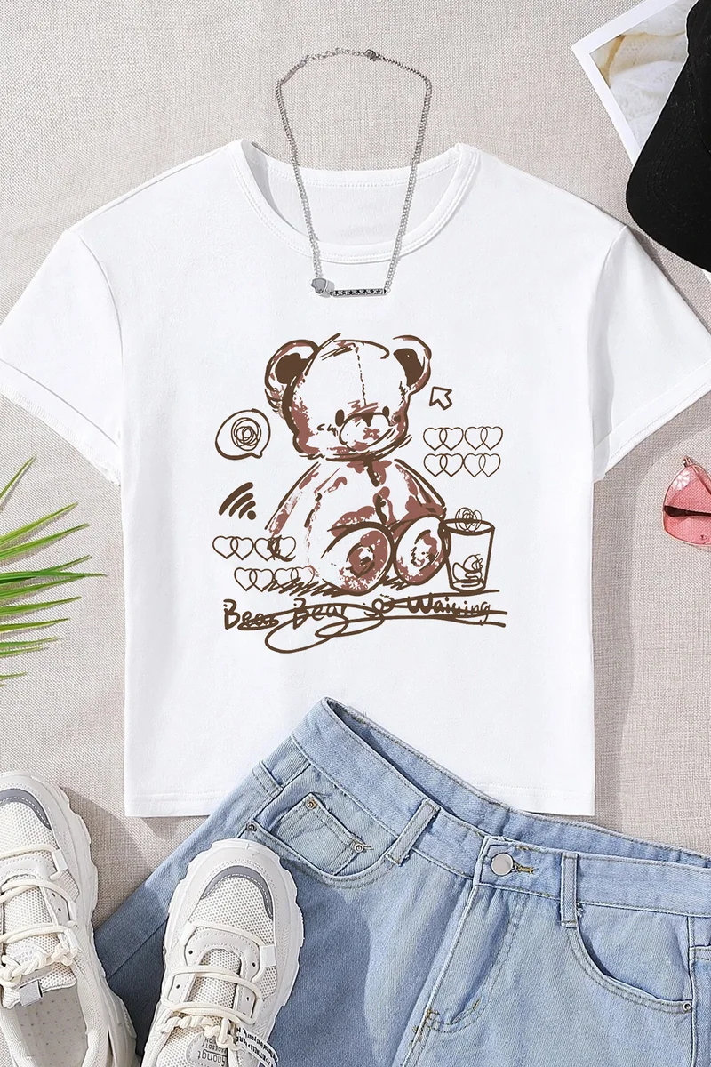 ONLYTRENDWEAR Childrens Teddy Bear Printed Cotton Tshirt 3-4 Years Old White