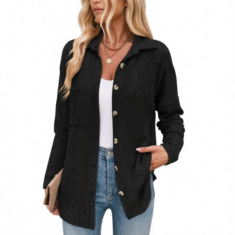 Striped Contrast Pocket Long Sleeve Cardigan Shirt - Image 1
