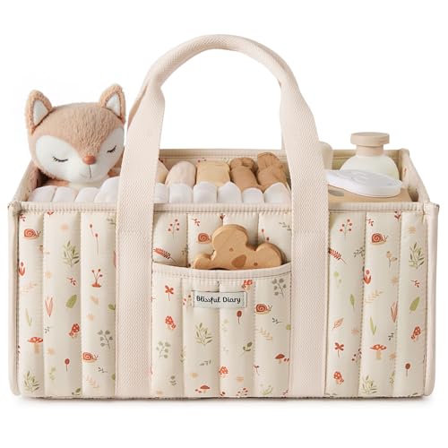Blissful Diary Woodland Diaper Caddy Organizer Stylish Nursery Storage Basket Gift for Baby Shower Newborn Essentials Woodland Cream - Image 1