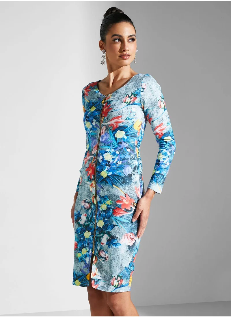 جولدن ابل Floral Printed Zip Detail Dress