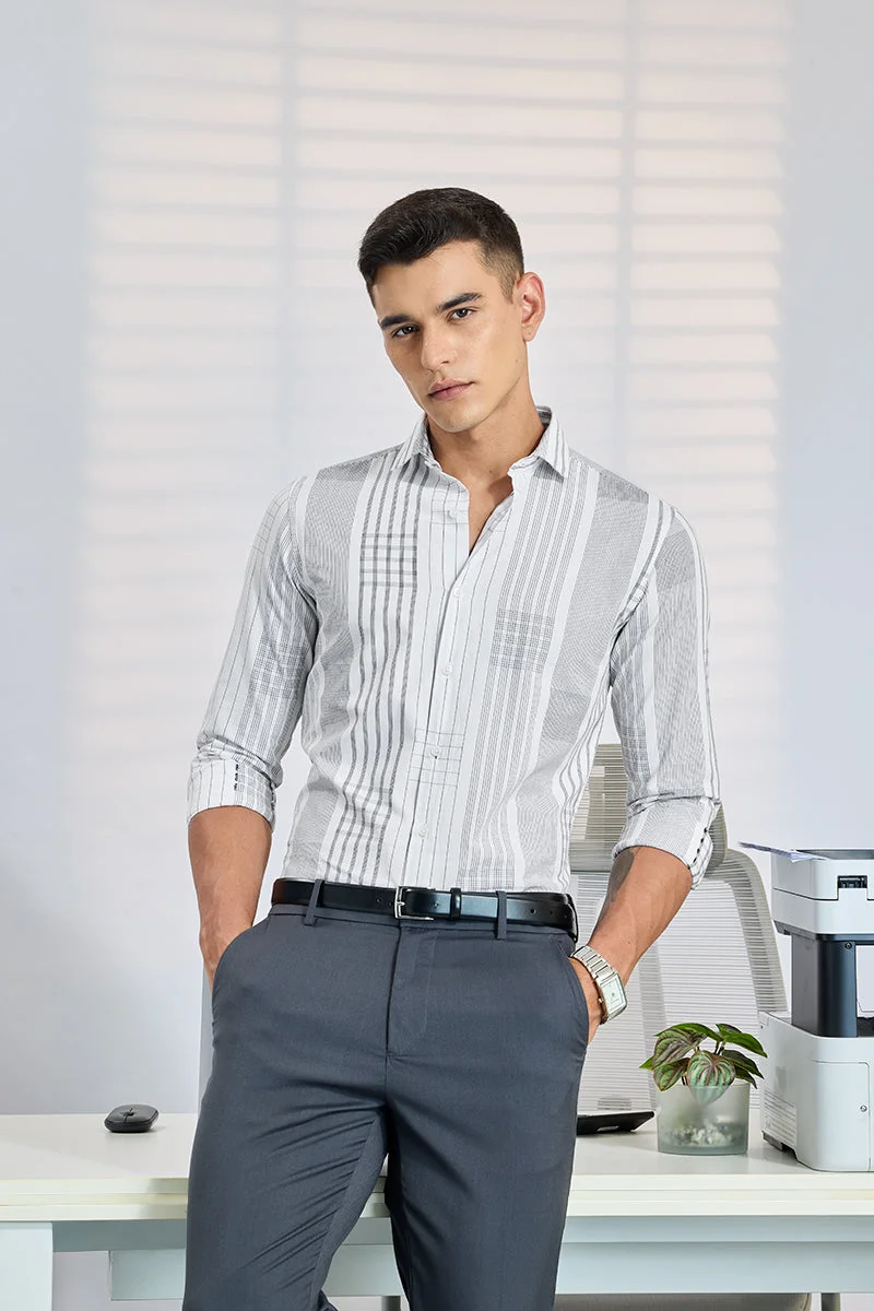 سنيتش White Checkered Long Sleeve Slim Fit Formal Shirt