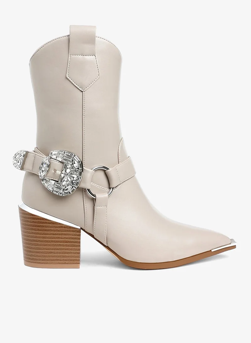 London Rag Diamante Embellished Pin Buckle Boots in Beige