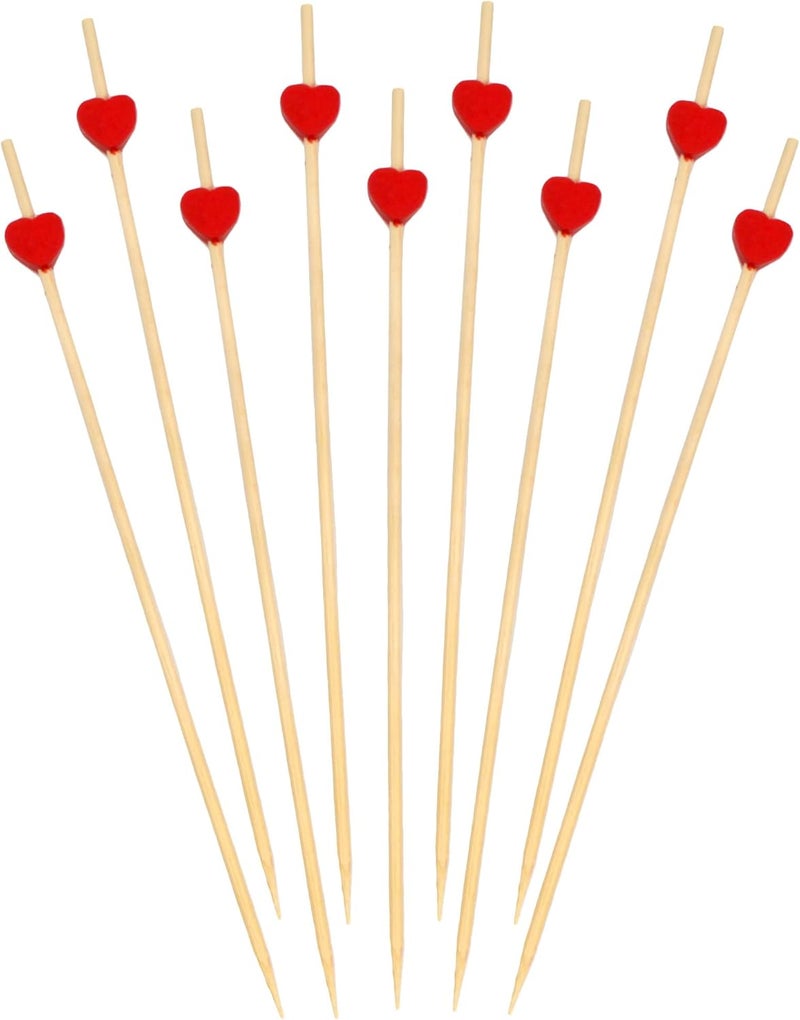 BambooMN 8.3" Decorative Red Heart Bamboo Cocktail Picks - 100 Count - Image 2