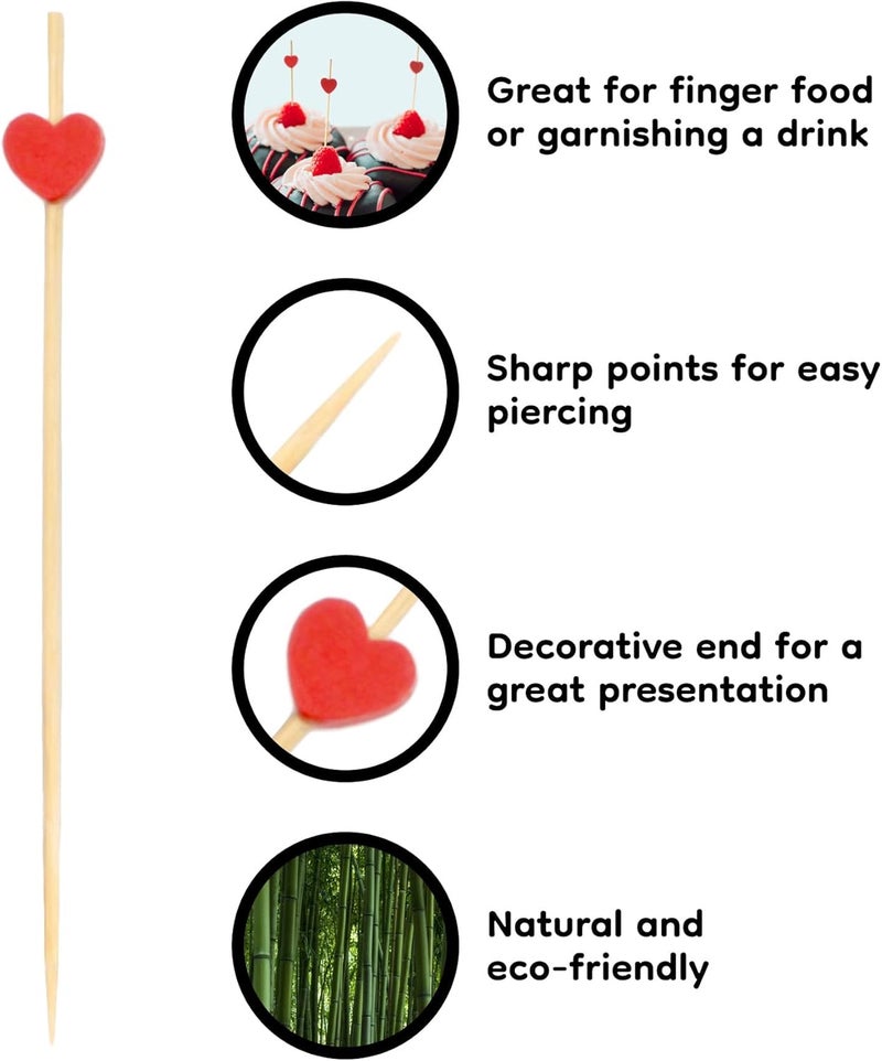 BambooMN 8.3" Decorative Red Heart Bamboo Cocktail Picks - 100 Count - Image 3
