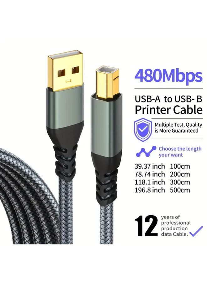Grey Braided USB A to B Printer MIDI Cable High Speed Data Transfer 1m - Image 1