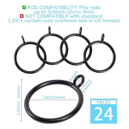 Exselens Curtain Rings with Eyelet for Curtain Rods 1 Inch Inner Diameter Metal Drapery Eyelet Curtain Rings Black 24 Pcs Exselens - Image 2