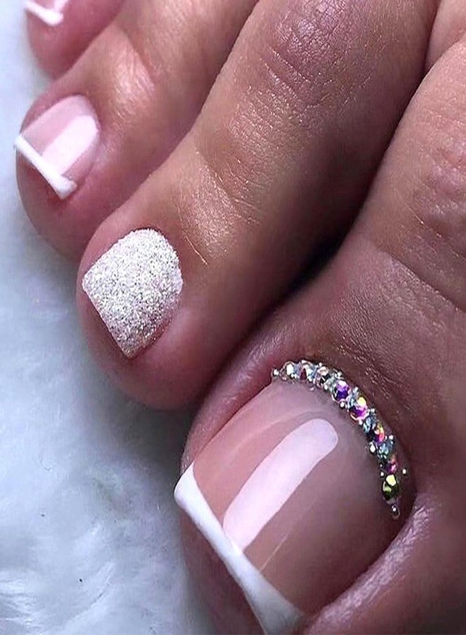 WAFOLOZE Short Toe Nail Press Ons, Glossy Glitter & Rhinestone Design, Artificial French Tip Toe Nails 24 Pcs - Image 1