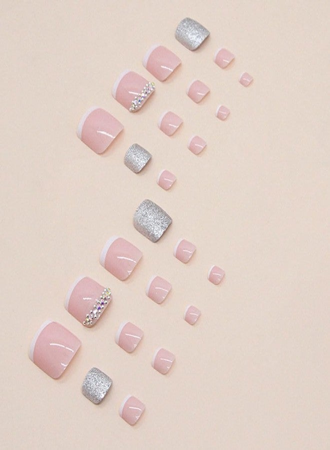 WAFOLOZE Short Toe Nail Press Ons, Glossy Glitter & Rhinestone Design, Artificial French Tip Toe Nails 24 Pcs - Image 3